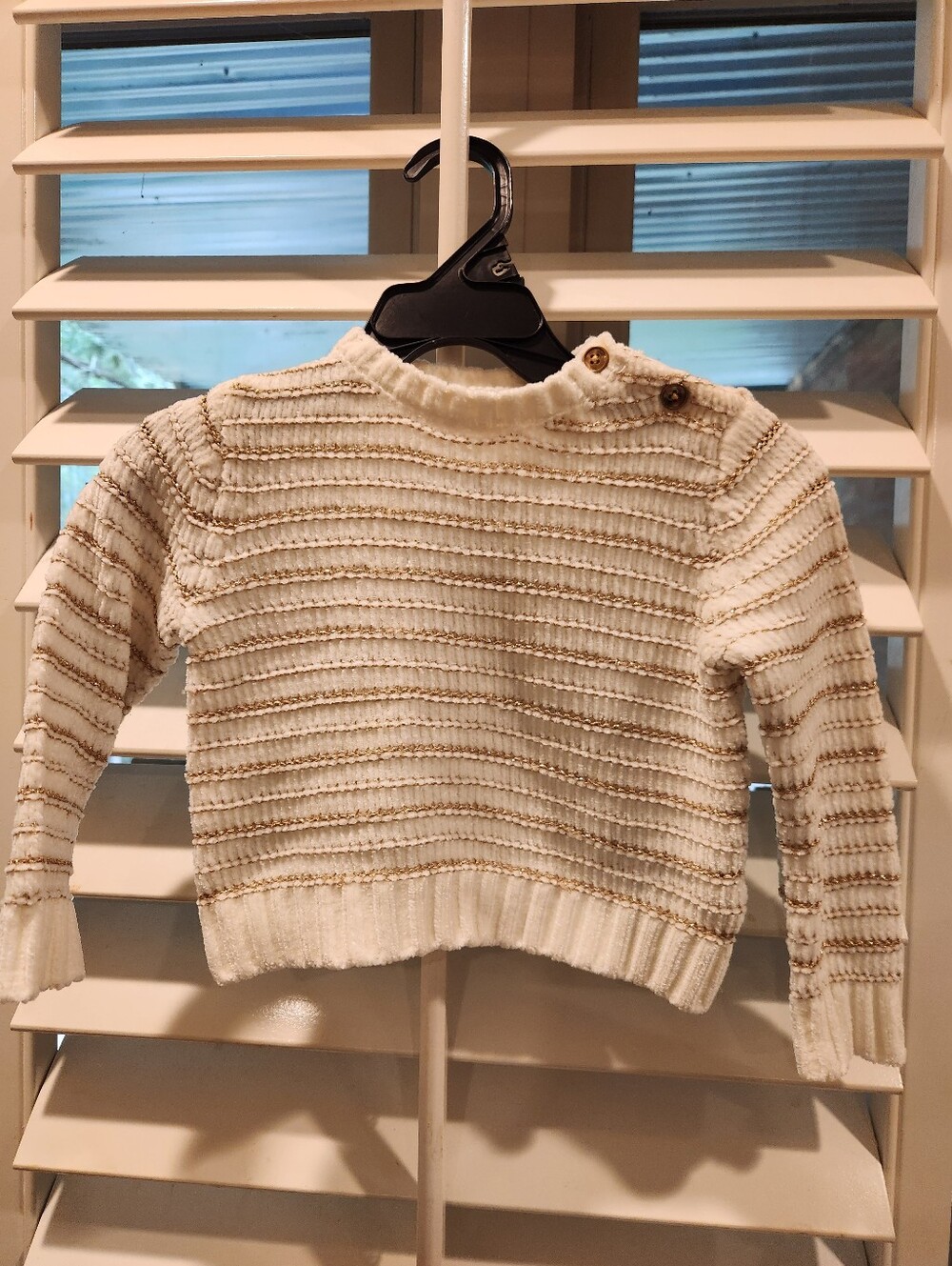 Cynthia Rowley Cream Knit Crew Sweater with Tan & Gold Stripe Detail, Size 18M
